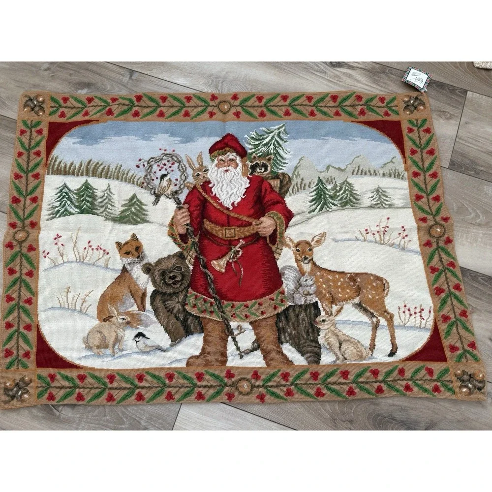 Vintage 1994 C&F Ent. Wool Needlepoint Santa Woodland Animals Tapestry 42X30